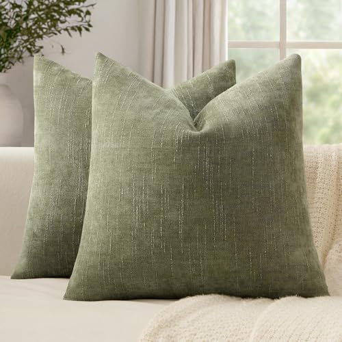 Set of 2 Textured Throw Pillow Covers Decorative Soft Accent Square Chenille Pillowcases Neutral Farmhouse Cushions Modern Home Decor for Couch Sofa Bedroom Living Room 18x18 Inch, Sage Geen - color: Sage Geen, size: 18" x 18" (Pack of 2)