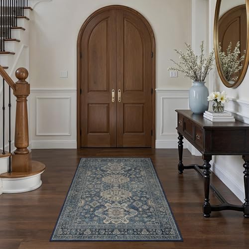 Bavni 3x5 Area Rug for Living Room Bedroom, Washable Boho Print Vintage Aesthetic Rug, Ultra-Thin Low Pile Rugs for Entryway Playroom with Non Slip Backing, Blue - color: Blue, size: 3' x 5' (Rectangular)