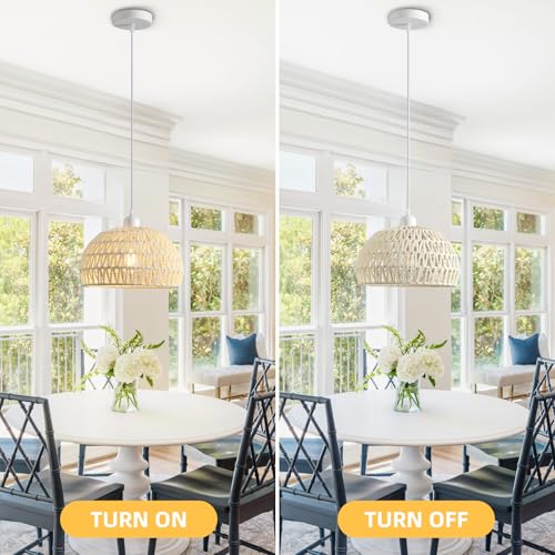 Rattan Pendant Light, 11" Boho Dome Dining Room Chandelier, Cream White Woven Kitchen Pendant Lighting over Island, Coastal Wicker Light Pendant Hanging Light Fixture for Nursery Entryway Bedroom, E26 - color: 11" Cream