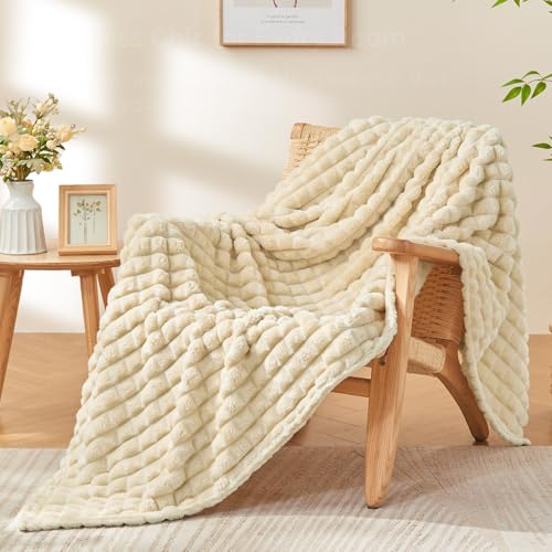 BEDELITE Beige Blanket Twin Size for Bed- Super Soft Lightweight 3D Checkered Fluffy Fuzzy Fleece Blanket, Luxurious Plush Cozy Blanket for Room Home Decor, Gift for Women, 60x80 inches - color: Beige, size: Twin(60"x80")