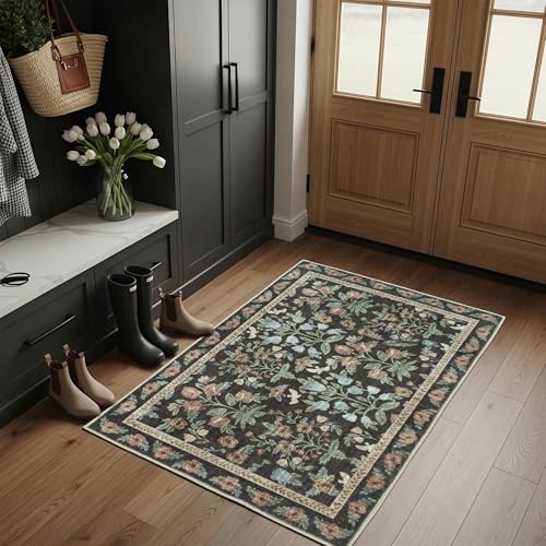 Gold Black Washable Entry Rug 2x3 Small Rugs- Front Door Throw Rugs Indoor, Non-Slip Bathroom Mat, Vintage Floral Thin Rug Stain Resistance for Kitchen, Laundry, Boho Entryway Décor - color: Gold/Black/Multi, size: 2' x 3' (Rectangular)