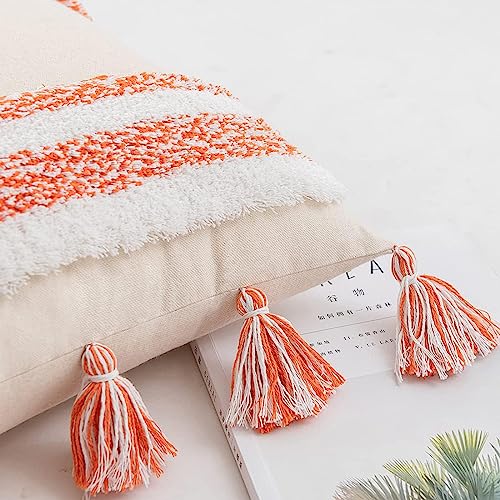 Boho Tufted Throw Pillow with Tassels, Country Thick Striped Style Soft Cushion Cover Decor wuth Zipper for Chair Bed Couch Living Room (Orange,12" x 20") - color: Orange, size: 12" x 20"