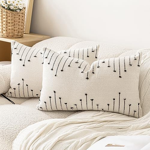 LILEPOY Boho Throw Pillow Covers 12x20 Set of 2 Neutral Decorative Textured Cushion Case Farmhouse Pillowcase Modern Lumbar Pillow Covers for Sofa,Couch, Living Room,Beige and Black - color: Beige and Black, size: 20" x 12" (Pack of 2)