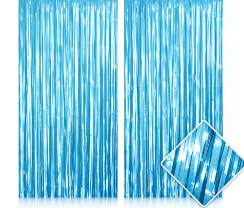 Sky Blue Fringe Curtain Backdrop 2 Pack, Foil Tinsel Curtain Decorations, Metallic Fringe Backdrop for Birthday Party, Baby Shower, Photo Booth, Blue Party Decorations - color: Sky Blue