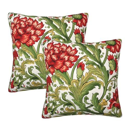Vintage Floral Decorative Pillow Covers 18x18 Set of 2 Red Flower Green Leaf Pillow Cases Spring Floral Cushion Cases Spring Home Decor for Couch Sofa Bed - color: Floral, size: 18" x 18" (Pack of 1)