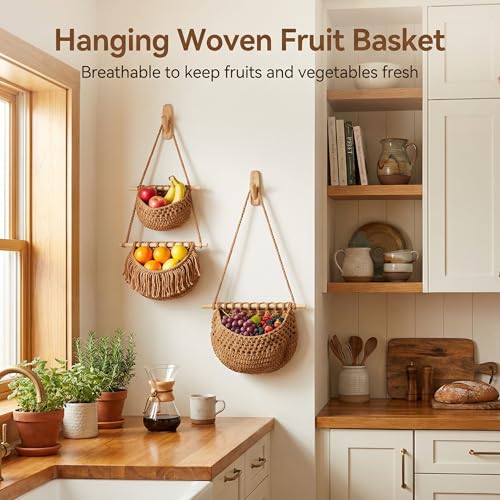 3 Tier Hanging Fruit Basket, Jute Wall Baskets Removable, Portable Produce Baskets for Organizing Fruits and Vegetables,Hanging Basket Wall Storage for Kitchen, Bathroom (Brown) - color: Brown, size: 3 Tier / Tote