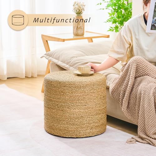 Handwoven Ottoman Pouf, Natural Seagrass Footstool, Round Braided Outdoor Seat with Sturdy Frame, Boho Accent Stool for Patio, Balcony, or Garden (Seagrass) - color: Seagrass, size: 17.7"D x 17.7"W x 15.7"H