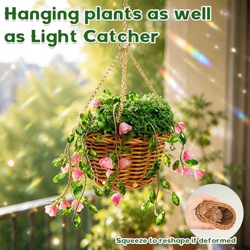 GUJYUYIF Beaded Plant Kit Green Glass Leaf Beads with Rattan Basket, Hanging Suncatchers Beading Kit for Jewelry Making DIY Craft Kit Plants - color: Pink-Green