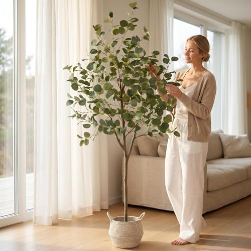 Warmplants Artificial Eucalyptus Tree, 6ft Tall Fake Eucalyptus Plant with Basket, Green Silver Dollars Silk Leaves Faux Tree for Home Office Livingroom Floor Decor Indoor - size: 6ft