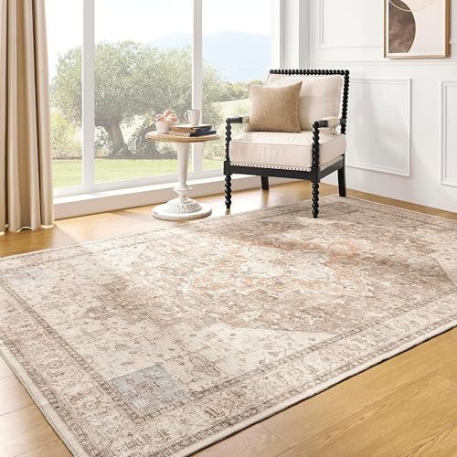 BILEEHOME Boho Neutral Living Room Rug 5x7,Washable Vintage Rustic Earth Tone Modern Farmhouse Persian Area Rugs for Dining Room Bedroom, Light Tan Brown Beige with Rust Terracotta Pattern - color: Coffee/Rust Brown, size: 5' x 7' (Rectangular)