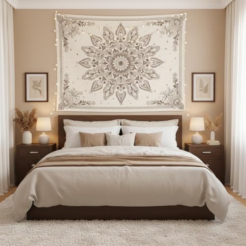 Motanber Floral Mandala Tapestry Wall Hanging Boho Beige Tapestry Aesthetic Bohemian Flower Cute Small Tapestries for Bedroom Living Room Dorm Wall Decor 60 x 44 Inch - color: Beige White, size: 60"L x 44"W