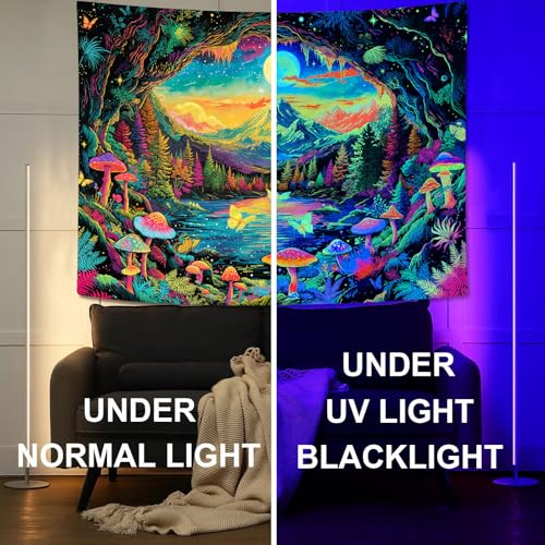 Zussun Blacklight Mushroom Forest Tapestry UV Reactive Nature Mountain Moon Butterfly Tapestry for Bedroom Aesthetic Landscape Samll Tapestries Wall Hanging for Dorm Living Room Decor 48 x 36 Inch - color: Warm Yellow, size: 48"L x 36"W