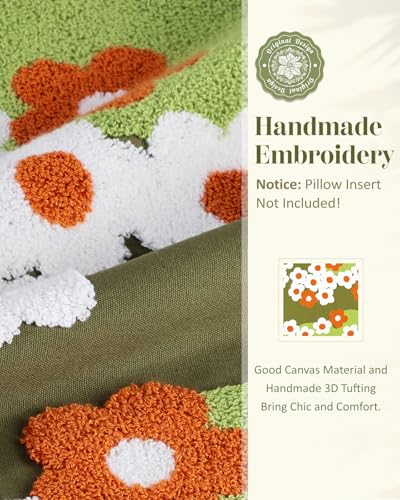 Embroidered Throw Pillow Cover - 18x18 Decorative Pillow Cover with Zipper Aesthetic Cute Design Boho Spring Summer Cozy Throw Pillowcase for Living Room Couch Sofa Bed, Green Flowers - color: Green-flowers, size: 18" x 18" (Pack of 1)