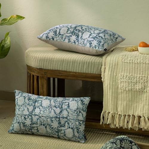 Handblock Printed Vintage Indian Cotton Decorative Throw Pillow Covers, Set of 2 (Denim Blue, 12" x 20" (Pack of 2)) - color: Denim Blue, size: 20" x 12" (Pack of 2)