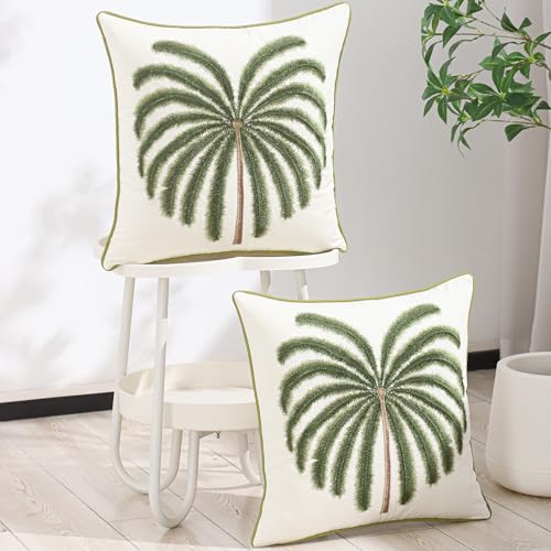 LUOYEHK Summer Embroidered Throw Pillow Covers 18x18 Inch Set of 2 Green Tropical Palm Tree Pillow Cover Spring Farmhouse Decorative Pillowcase Square Cushion Covers for Couch Sofa Bed Home Decor - color: Green Coconut Tree