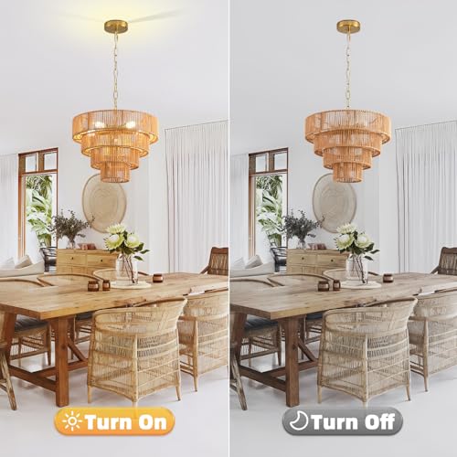 Boho Pendant Light Fixtures,15.7" Rattan Hanging Lamp for Kitchen Island,5-Light Hand-Woven Chandelier Height Adjustable,Natural Wicker Lamps for Dining Room Living Room Bedroom Hallway Entryway,Brown - color: 15.7" Brown