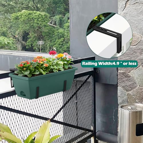 CADUKE 4 Pack Railing Planter Box 16.9 Inches Window Flower Boxes with Metal Brackets Balcony Planters Railing Hanging Fence Planter Plastic Outdoor Deck Railing Planter Boxes, Green - color: Green