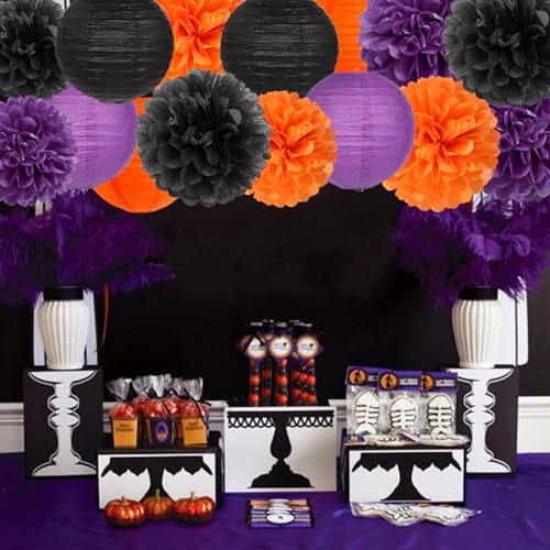 Purple-Orange Black Party-Decorations Paper-Flowers Lanterns - 15PCS Halloween Tissue Pom Poms Streamers,Vintage Birthday Retro Baby Bridal Shower Wedding Bachelorette Hanging Supplies Decor Hugfond - color: Black Orange Purple