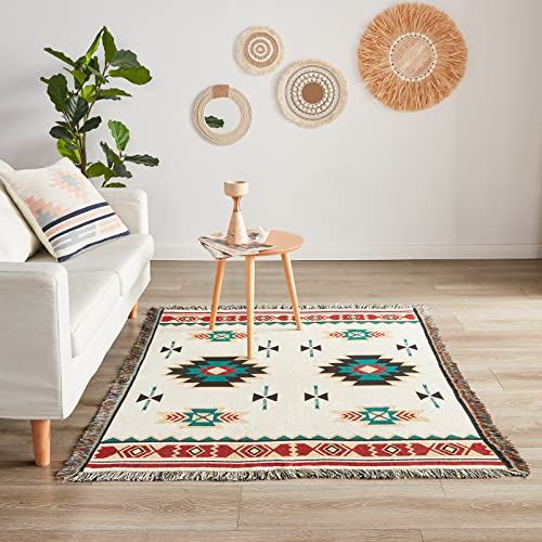 Touchat Native American Blanket Western Decor Boho Throw Blanket for Sofa, Mexican Decorative Farmhouse Blanket, Southwest Decor Woven Blankets, Aztec Throw Blankets with Tassel(Beige,50×60 inch) - color: Beige