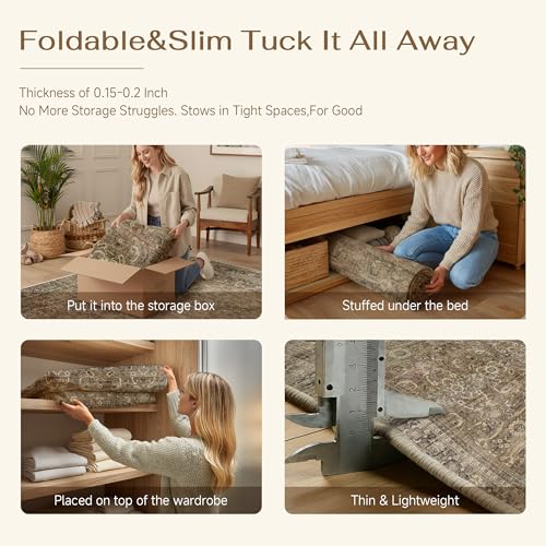 HUGEAR 4ft Round Rug Entryway Rugs Machine Washable Brown Hallway Area Rug 4x4 Small Circle Floral Low Pile Carpet Vacuumable Throw Rug Living Room Laundry Entrance Non Slip Soft Lightweight - color: Retro | Brown, size: 4' (Round)