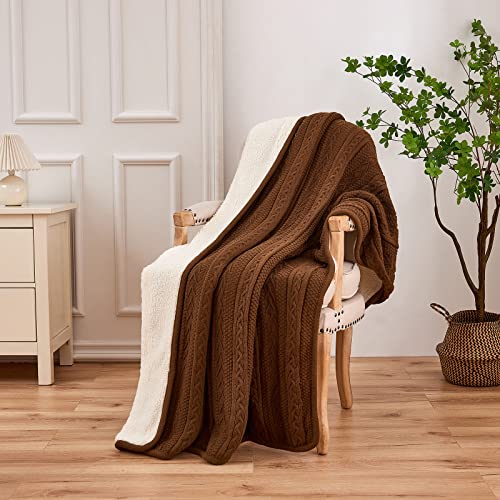 Longhui bedding Dark Brown Acrylic Cable Knit Sherpa Throw Blanket - Thick, Soft, Big, Cozy Dark Brown Knitted Fleece Blankets for Couch, Sofa, Bed - 50 x 63 Inches - color: Dark Brown, size: 50" x 63", Standard