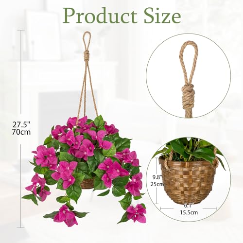 Briful Fake Hanging Basket Flowers, 27.5in Faux Pink Bougainvillea Flowers in Woven Rattan Planter with Cascading Vines for Home Garden Balcony Outdoor Porch Decor, Pink - color: Hot Pink