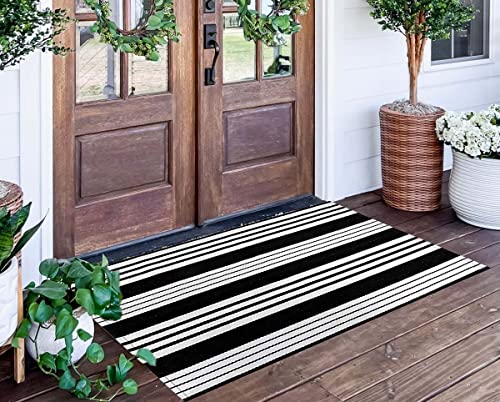 Striped Outdoor Rug 24'' x 51''Black and White Front Porch Mat, Cotton Washable Woven Layered Doormats for Entryway Bedroom - color: Black Striped, size: 2' x 4'3" (Rectangular)
