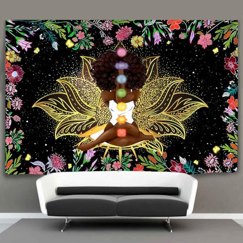 Ine Ive African Chakra Tapestry African American Woman Zen Meditation Tapestries 60x40 Inch Starry Sky Flower Garden Inspirational Afro Yoga Wall Art Poster for Bedroom Dorm Decor - size: 60"L x 40"W