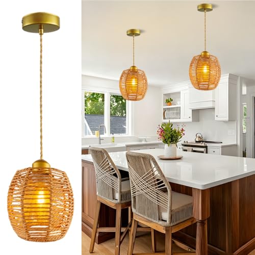 Boho Rattan Pendant Light, Hand-Woven Rattan Pendant Lighting, 4.7″ Small Wicker Chandelier, Woven Hanging Light Fixture for Kitchen Island Dining Room Bedroom Hallway - color: 4.72″-Drum-shape