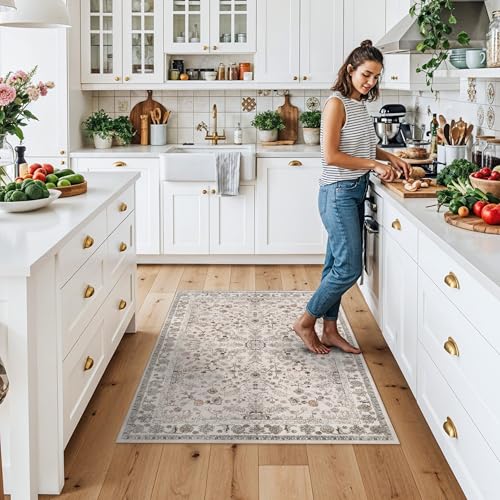 3x4 Entryway Rug Washable Non-Slip–Boho Floral Stain-Resistant Small Area Rug for Kitchen Bedroom Bathroom – Soft Low-Pile Thin Indoor Door Mat (Beige,3x4) - color: Beige, size: 3' x 4' (Rectangular)
