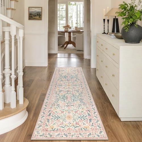 Morebes Boho Hallway Runner Rug 2x6, Pink Floral Kitchen Runner Rugs for Bedroom Girls, Washable Non Slip Super Soft Indoor Throw Carpet for Bathroom Laundry Room Entryway - color: Pink, size: 2' x 6' (Rectangular)