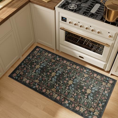 DUKINO 2x4 Rug for Entryway, Lightweight Washable Runner Rug with Non Slip Backing, Vintage Floral Low Pile Small Carpet Runner for Kitchen, Hallway, Entryway, Bathroom, Bedroom, Black - color: Black, size: 2' x 4' (Rectangular)