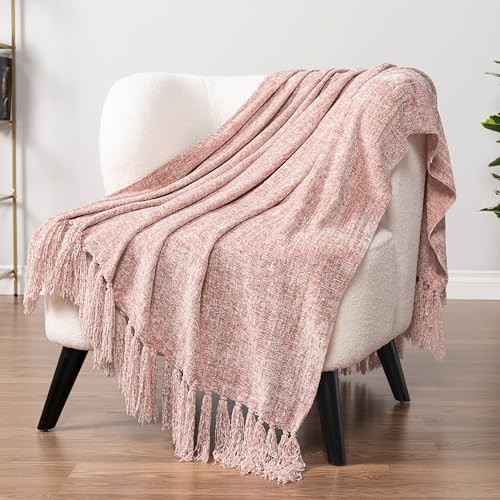 PAVILIA Pink Chenille Throw Blanket for Couch Sofa, Light Pink Soft Knit Throw with Tassel, Decorative Blanket for Bed Chair Living Room, Blush Pink 50x60 - color: Blush Pink, size: 50 X 60 Inches - Throw