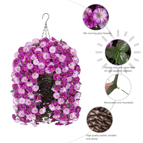 Artificial Fake Flowers Plants Hanging Baskets Outdoor Outside Spring Decor, Faux Silk Light Fuchsia and Fuchsia UV Resistant Look Real Morning Glory Home Patio Porch Balcony Decoration - color: Light Fuchsia+fuchsia