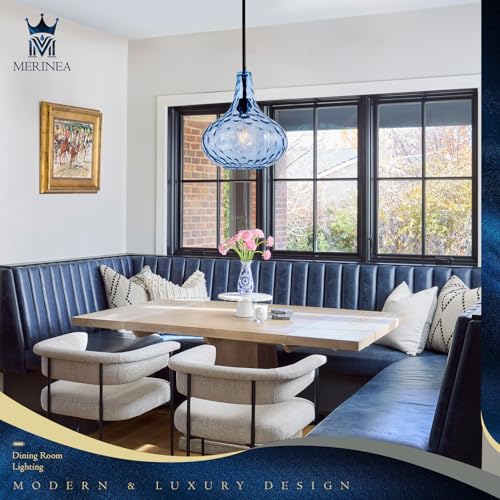 11" Hand-Blown Blue Glass Pendant Light, Hammered Glass Shade with Black Finish, Adjustable Modern Hanging Light Fixture for Kitchen Island, Dining Room, Hallway, Living Room - color: Blue Rod