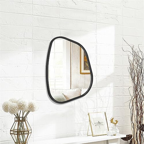 Black Asymmetrical Mirror Irregular Oval Wall Mirror Modern Wood Frame Unique Shape Wall Mounted Vanity Artistic Mirror Decorative for Living Room Bedroom Bathroom Entryway Large 16"x12" - color: Black, size: 16"L x 12"W