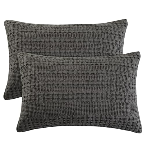 PHF 100% Cotton Waffle Pillow Shams Standard Size, 2 Pack 20" x 26" Soft Skin-Friendly Pillowcases, No Filling, Aesthetic Woven and Breathable Waffle Weave Pillow Case Covers for Bed, Charcoal Grey - color: Charcoal Grey, size: 26" x 20" (Pack of 2)