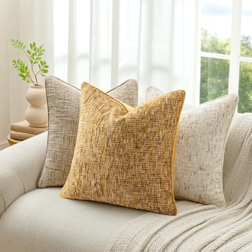 A Moment Bright Yellow Reversible Pillow Covers 2 Pack - Farmhouse Chenille Velvet Throw Pillows, Neutral Textured Decorative Throw Pillow Covers with Border for Couch Sofa Bed (16x16 Inch, No Insert) - color: Bright Yellow, size: 16" x 16" (Pack of 2)