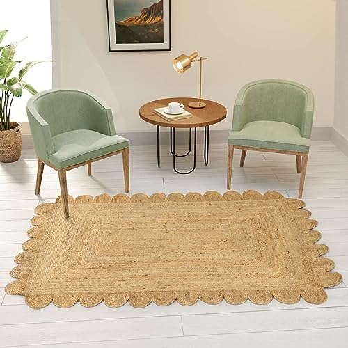 GRUHUM Scalloped Jute Runner Rug 2'6"x8'ft Natural Fiber Boho Reversible Handwoven Soft Rustic Vintage Farmhouse Jute Area Rug Indoor Outdoor Livingroom Kitchen Hallways Enterways Rectangular Rug - color: Natural-55, size: 2'6" x 8' (Rectangular)