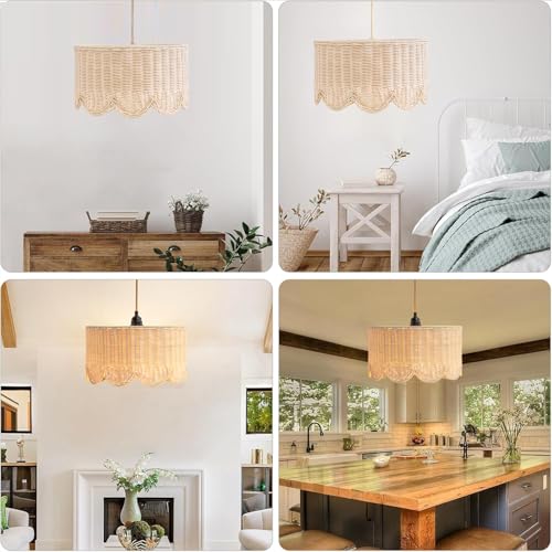 13" Plug in Scalloped Pendant Light, Rattan Hanging Lights with Plug in Cord 15FT Hemp Rope Cord, Dimmable Switch – Indoor Hanging Lamps for Boho Living Room Bedroom (Bulb Included)