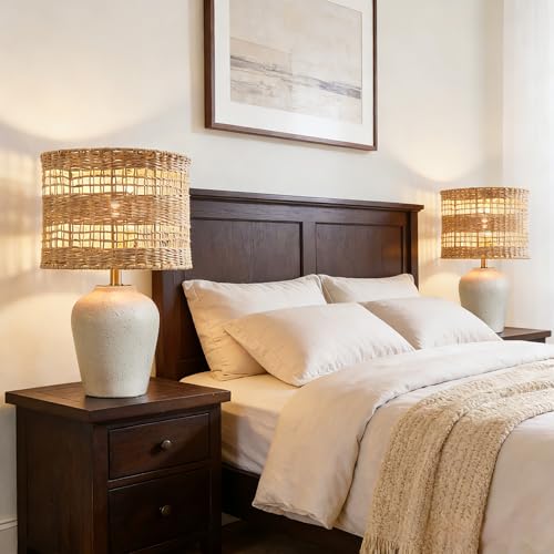 Maxax Farmhouse Ceramic Table Lamp for Living Room, 21" Boho Rattan Bedside Lamp with Woven Rattan Shade, 3-Way Dimmable Coastal Bedroom Lamp for Nightstand Office House - color: Light Gray