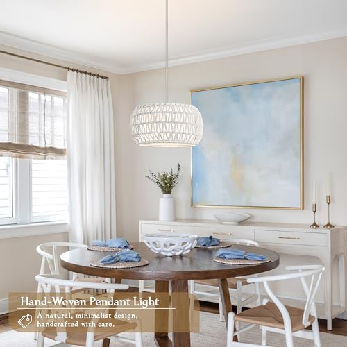 12.6 inch White Rattan Light Fixture Rattan Farmhouse Light Fixture Hand-Woven Pendant Lights Fabric Shade Boho Chandelier for Kitchen Dinning Room (Bulb Incl.) - color: 12.6"-White-Drum