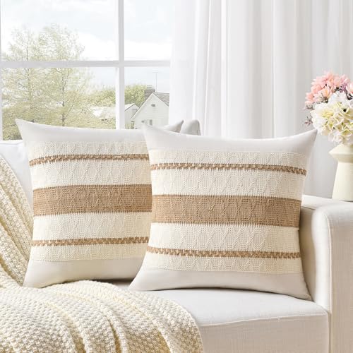 Fancy Homi Set of 2 Boho Neutral Decorative Throw Pillow Cover 16x16 Inch for Couch Bed Sofa, Aesthetic Modern Organic Farmhouse Home Decor, Soft Cotton Cute Accent Macrame Woven Tan Cushion Case - color: Neutral, size: 16" x 16" (Pack of 2)