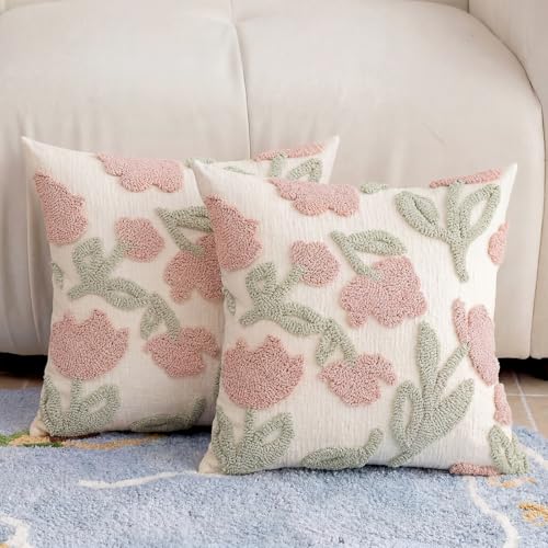 Embroidered Floral Throw Pillow Covers 18x18 Inch Set of 2, Chenille Summer Pillowcase with 3D Tufted Pink Flowers Green Leaves, Boho Decorative Cushion Covers for Couch Sofa Bed - color: Pink Cyan, size: 18" x 18" (Pack of 2)