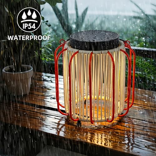 Solar Lanterns Outdoor Waterproof, Wicker Rattan Table Lamp with Iron Protective Frame, Rechargeable Hanging Lantern 30H+ Runtime, Dual USB-C/Solar, 3 Modes, IP54 – Patio Boho Decor Light