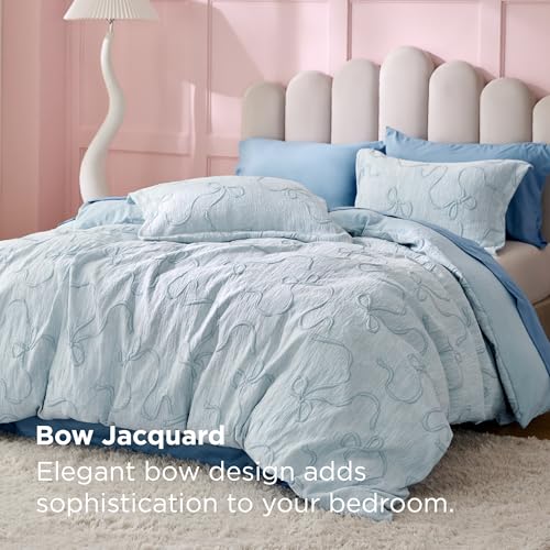 Bedsure Blue Duvet Cover Queen Size with Bowknot Jacquard Design, Soft and Elegant Boho Bedding Set, Luxurious Craftsmanship for a Stylish Bedroom,Includes 1 90"x90" Duvet Cover & 2 Pillow Shams - color: 03 - Blue Bowknot (No Comforter), size: Queen (90"