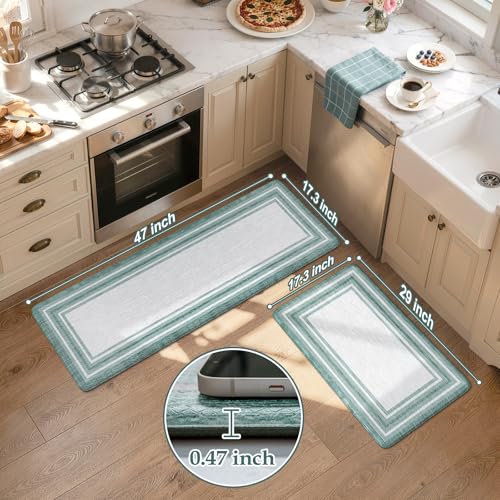 KIMODE Anti Fatigue Kitchen Mats,Farmhouse Kitchen Rugs Non Slip Rubber Backing,Waterproof Kitchen Mat for Floor,Green Laundry Room Rug,Cushioned Standing Desk Mat for Kitchen Decor,Bathroom Sink - color: Green, size: 17.3" x 47 "+ 17.3" x 29 "--0.47 inch