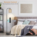 LAMSU Floor Lamp with Remote, Dimmable Rattan Floor Lamp with LED Bulb, Industrial Black Tall Pole Lamp with Rattan & Fabric Shades, Boho Farmhouse Standing Lamps for Living Room Bedroom Office - color: Black