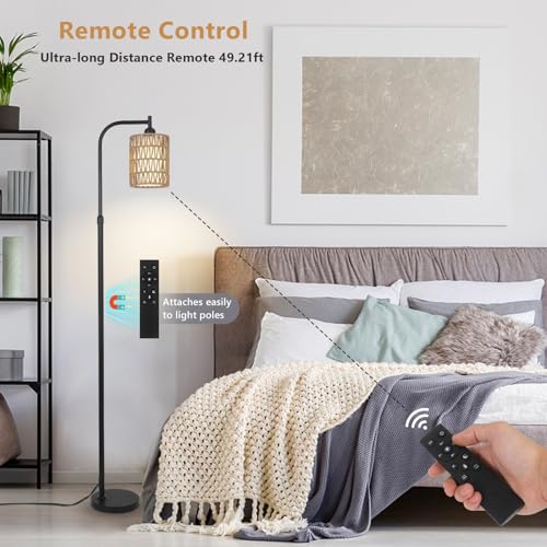 LAMSU Floor Lamp with Remote, Dimmable Rattan Floor Lamp with LED Bulb, Industrial Black Tall Pole Lamp with Rattan & Fabric Shades, Boho Farmhouse Standing Lamps for Living Room Bedroom Office - color: Black