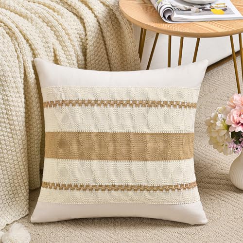 Fancy Homi Set of 1 Tan Neutral Decorative Throw Pillow Cover 16x16 Inch for Couch Bed Sofa, Aesthetic Modern Organic Farmhouse Boho Home Decor, Soft Cotton Cute Accent Macrame Woven Cushion Case - color: Tan, size: 16" x 16" (Pack of 1)